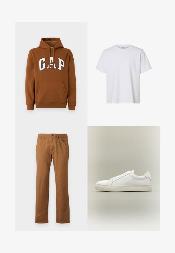 Brun hættetrøje med frontlomme og stor hvid "GAP"-logo med marineblå kant på brystet.; Enkelt hvid kortærmet T-shirt med rund hals, almindelig pasform og glat stofstruktur, vist på en hvid baggrund.; Brune bomuldsbukser med lige pasform, udstyret med knaplukning, sidelommer og en glat tekstur. Velegnet til hverdag.; Hvid lavtop sneaker med snørebånd foran og tyk sål, vist fra siden mod en neutral baggrund.