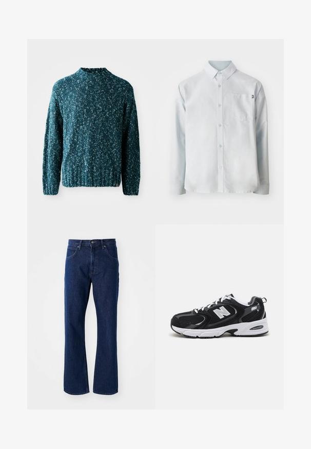 Pull en tricot teal avec un motif texturé, un col haut et un ourlet côtelé. Fabriqué dans un tissu doux avec une coupe légèrement ample.; New Balance OXFORD - Chemise - blue; Jeans en denim droite bleu marine avec fermeture par bouton et fermeture éclair, passants de ceinture et poches avant, sur un fond uni.; Baskets de sport noires et grises avec un tige en mesh et en suède, présentant une semelle intermédiaire blanche, des lacets et un logo "N" audacieux sur le côté.