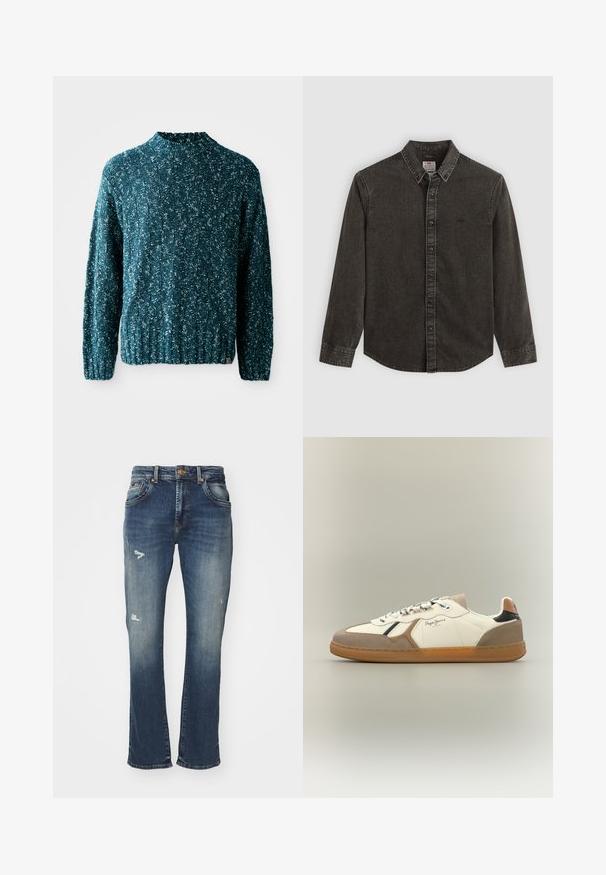 Türkisfarbener Strickpullover mit strukturiertem Muster, hohem Kragen und geripptem Saum. Hergestellt aus einem weichen Stoff mit leicht lockerer Passform.; Dunkelgrauem Denim-Hemd mit langen Ärmeln, Button-Down-Kragen und vorderem Knopfverschluss. Verfügt über Nähte und ein kleines Logo auf der Brust.; Bootcut-Jeans aus dunkelblauem Denim mit einem verblassten Finish, mit Abnutzungen an der Vorderseite, Fünf-Taschen-Design und einem Bund mit Knopfverschluss.; Weiße und beiges Sneaker mit Wildlederakzenten, Gummisohle, flachen Schnürsenkeln und Logodetails. Verfügt über ein schlankes Design mit kontrastierenden Farben.