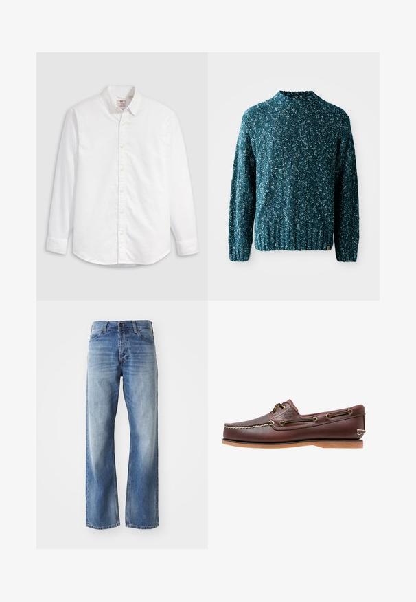Pull en tricot teal avec un motif texturé, un col haut et un ourlet côtelé. Fabriqué dans un tissu doux avec une coupe légèrement ample.; Chemise blanche à boutons en coton avec manches longues, col classique et ourlet arrondi. Dotée de boutons jaunes et d'un branding discret.; Jean en denim bleu à jambes droites avec un léger délavage sur les cuisses et les genoux, comprenant cinq poches et une fermeture à bouton.; Chaussure bateau en cuir marron avec coutures blanches, détails de lacets et semelle en caoutchouc beige, vue de côté sur fond blanc.