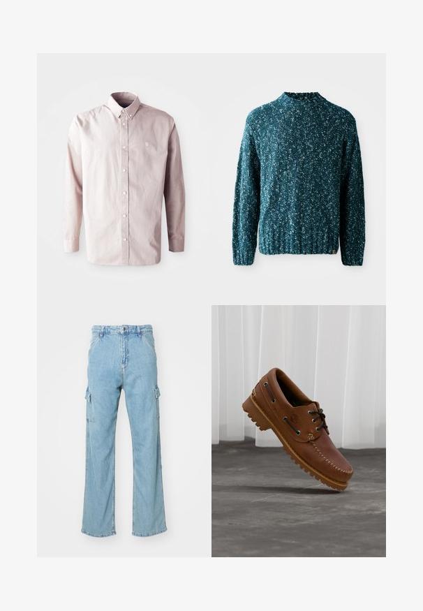 Pull en tricot teal avec un motif texturé, un col haut et un ourlet côtelé. Fabriqué dans un tissu doux avec une coupe légèrement ample.; Chemise à manches longues rose clair à boutons, en coton, dotée d'un col classique, de boutons sur le devant et d'un petit logo sur la poitrine gauche.; Pantalons cargo en denim bleu clair avec des jambes larges, dotés de deux poches cargo latérales et d'une fermeture à bouton classique. Tissu texturé avec une finition délavée.; Chaussure de bateau en cuir marron avec des lacets noirs, des coutures beiges et une semelle robuste, suspendue au-dessus d'un sol en béton gris.