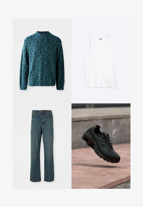 Teal gebreide trui met een textuurpatroon, hoge kraag en geribbelde zoom. Gemaakt van een zachte stof met een iets losse pasvorm.; Wit mouwloos hemdje met ronde hals en Weekday-merklabel aan de binnenkant van de achterkraag, plat weergegeven op een lichte achtergrond.; Blauwe denim jeans met een rechte pijp, voorzien van vijf zakken, een knoopsluiting en lichte vervaging aan de voorkant.; Zwarte atletische sneaker met zichtbare luchtgeveerde tussenzool die boven een roze stenen oppervlak zweeft met een grijze stenen muur op de achtergrond.