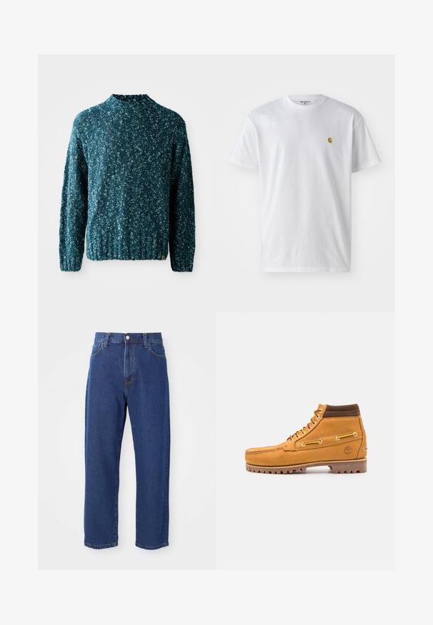 Pull en tricot teal avec un motif texturé, un col haut et un ourlet côtelé. Fabriqué dans un tissu doux avec une coupe légèrement ample.; T-shirt en coton blanc à manches courtes, col rond, avec un petit logo doré sur la poitrine gauche. Texture douce et coupe régulière.; Jeans en denim taille haute de couleur bleue, avec une coupe droite, des coutures visibles et une fermeture à bouton à l'avant.; Timberland AUTHENTIC 7 EYE - Bottines à lacets - wheat