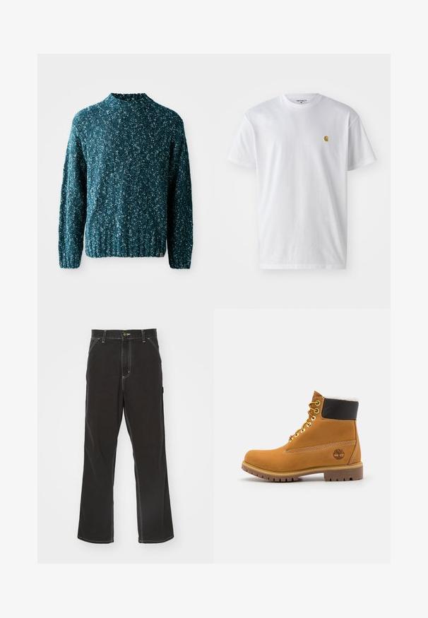 Türkisfarbener Strickpullover mit strukturiertem Muster, hohem Kragen und geripptem Saum. Hergestellt aus einem weichen Stoff mit leicht lockerer Passform.; Weißes Baumwoll-T-Shirt mit kurzen Ärmeln, Rundhalsausschnitt, mit einem kleinen goldenen Logo im linken Brustbereich. Weicher Stoff und normale Passform.; Schwarze Denim-Hose mit geradem Schnitt, kontrastierenden weißen Nähten, Fronttaschen und einem Knopfverschluss an der Taille.; Braune Leder-Ankle-Boots mit Metallösen, weißem Kunstfellfutter, schwarzem gepolstertem Kragen, robustem Sohlenprofil und geprägtem Logo an der Seite.