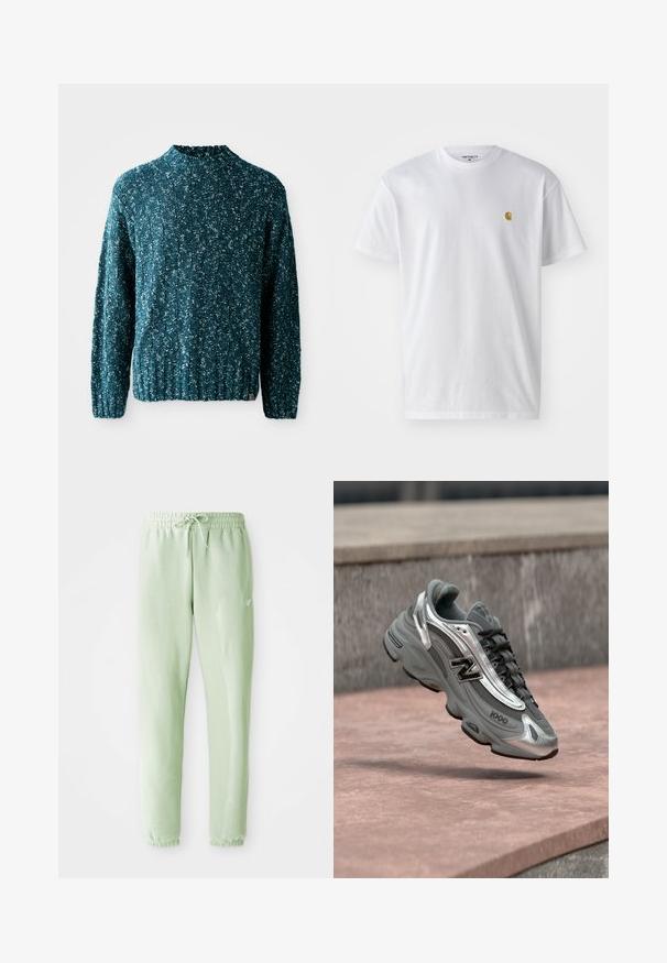 Teal gebreide trui met een textuurpatroon, hoge kraag en geribbelde zoom. Gemaakt van een zachte stof met een iets losse pasvorm.; Witte katoenen t-shirt met korte mouwen en ronde hals, voorzien van een klein gouden logo op de linkerkant van de borst. Zachte textuur en een normale pasvorm.; Lichtgroene sweatpants van zachte katoen, met een elastische tailleband met trekkoord en taps toelopende benen, afgewerkt met gathered boorden.; Grijze en zilveren New Balance sneaker met het label "1000" die boven een rozeachtige stenen ondergrond zweeft, met een grijze stenen muur op de achtergrond.