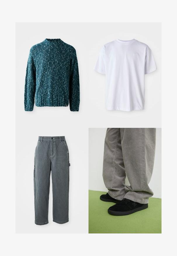 Suéter de punto en color verde azulado con un patrón texturizado, cuello alto y dobladillo acanalado. Fabricado con un tejido suave y de corte ligeramente holgado.; Camiseta blanca de algodón con cuello redondo y mangas cortas. Presenta un logo sutil bordado en un color a juego en el lado izquierdo del pecho.; Pantalones de trabajo rectos de color gris oscuro con trabillas para cinturón, botón delantero y cremallera, bolsillos laterales y un lazo para martillo en la pierna derecha.; Zapatillas de skate de ante negro con un acabado texturizado y un logo, combinadas con pantalones de pana gris con una textura acanalada. Superficie del suelo en verde.