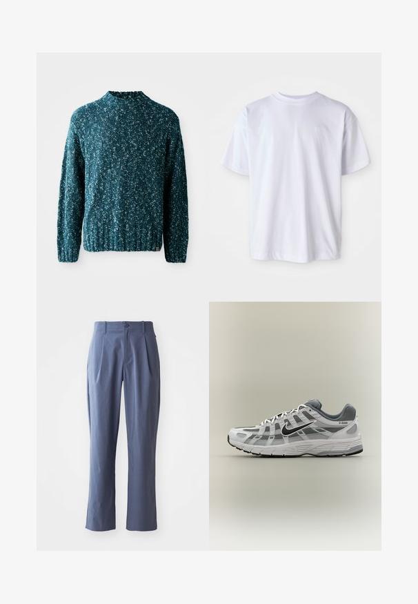 Teal strikket sweater med et struktureret mønster, høj krave og ribkant. Fremstillet af et blødt stof med en let løs pasform.; Hvid bomulds T-shirt med rund hals og korte ærmer. Har et diskret logo broderet i matchende farve på venstre bryst.; Mørkeblå bukser med læg, lige snit, lavet af letvægtsstof, med en enkelt frontknaplukning og bæltestropper.; Hvid og grå Nike P-6000 sneaker med sort swoosh, meshpaneler og tekstureret sål, vist i sideprofil på neutral baggrund.