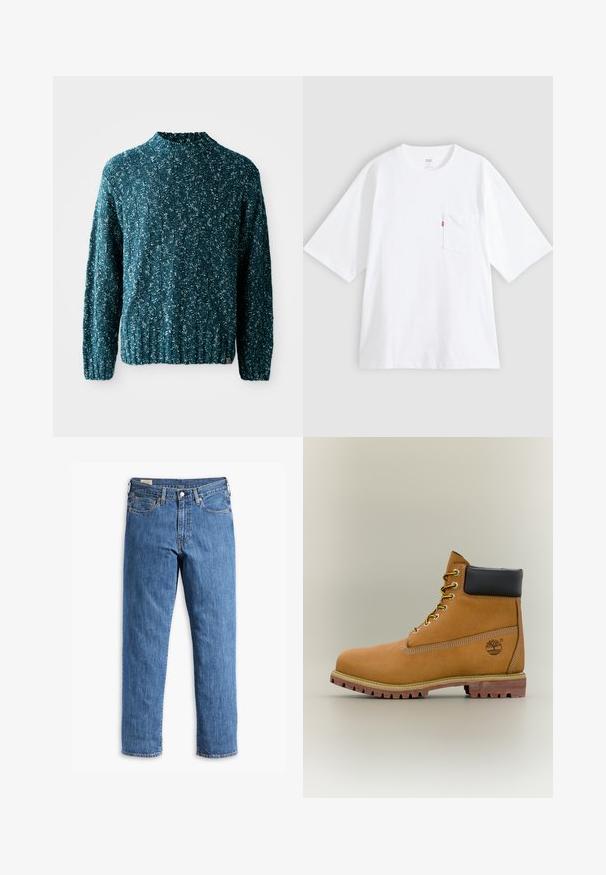 Teal strikket sweater med et struktureret mønster, høj krave og ribkant. Fremstillet af et blødt stof med en let løs pasform.; Hvid bomulds-T-shirt med korte ærmer, rund hals og lomme på venstre bryst. Har en lille rød logoetiket på lommen.; Blå denimjeans med lige ben, kobbernitter og fem-lomme design. Har en syet kant og et klassisk taljebånd med bæltestropper.; Brun læderankelstøvle med sort krave, gule snørebånd og tanfarvet sål. Har logo og hvide syninger som detalje. Robust ydersål med greb.