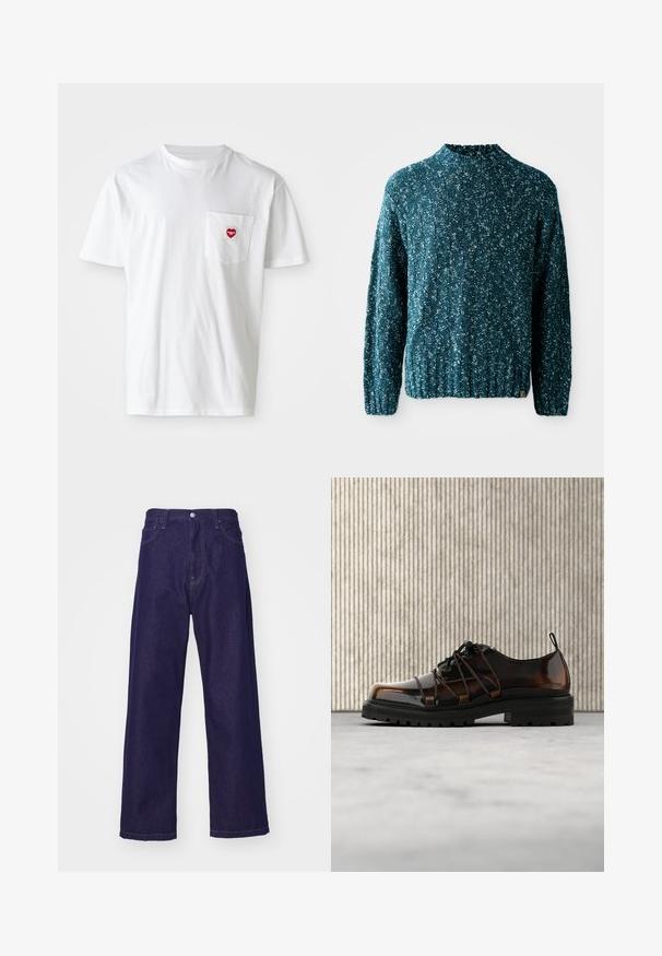 Pull en tricot teal avec un motif texturé, un col haut et un ourlet côtelé. Fabriqué dans un tissu doux avec une coupe légèrement ample.; T-shirt en coton blanc avec un col rond et des manches courtes. Présente un petit logo en forme de cœur rouge sur la poche gauche de la poitrine.; Pantalons en denim bleu foncé à taille haute, évasés, avec poches avant et fermeture à boutons, affichant une texture lisse et robuste.; Chaussure en cuir marron brillant avec semelle noire épaisse et laçage unique, posée sur un tapis beige près d'un meuble arrondi orange.
