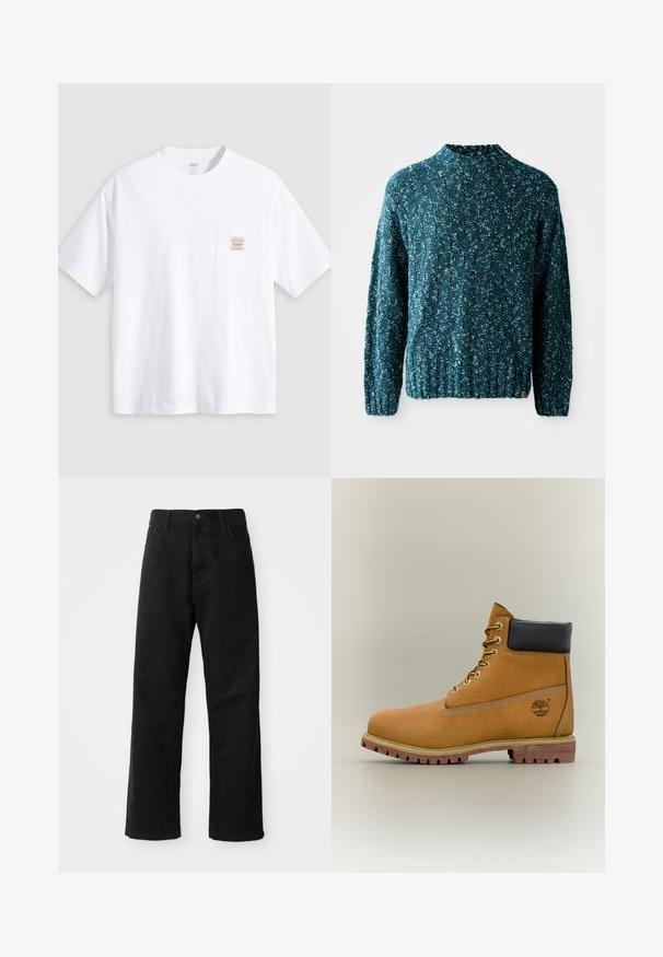 Teal gebreide trui met een textuurpatroon, hoge kraag en geribbelde zoom. Gemaakt van een zachte stof met een iets losse pasvorm.; Witte T-shirt met korte mouwen en ronde hals, met een klein borstzakje aan de voorkant met een beige en rood rechthoekig label.; Zwarte denim broek met een rechte pasvorm, voorzien van voorzakken, een rits en een enkele bovenste knoop. Gestructureerde stof met een matte afwerking.; Bruine leren enkellaars met zwarte kraag, gele veters en een zandkleurige zool. Voorzien van een logo en witte stikseldetails. Robuuste loopzool met grip.