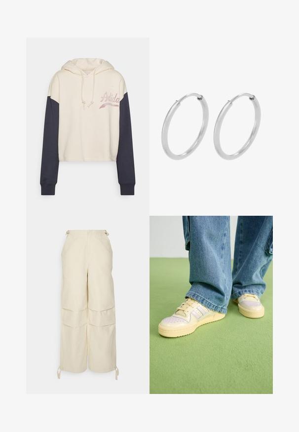 Krátka mikina farby smotany s tmavomodrými rukávmi. Obsahuje šnúrky, vyšívané logo a mäkkú, štruktúrovanú látku.; WRSTBHVR ZERA PANTS EGGSHELL WOMEN - Nohavice - off white; Tenisky s krémovým zvrškom a štruktúrovanou gumovou podrážkou, s dierkovanými detailmi a vrstvenými akcentmi v svetlomodrej a béžovej farbe.; Strieborné kruhové náušnice, oblého tvaru, hladký lesklý povrch a rovnomerná šírka po celom obvode. Minimalistický dizajn bez ďalších akcentov.