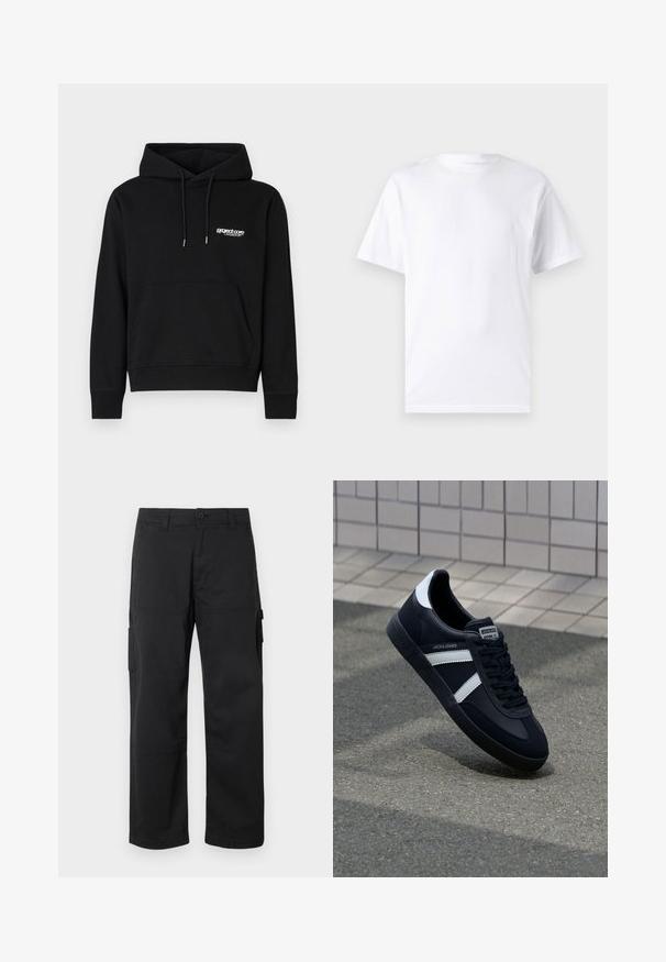 Schwarzer Baumwoll-Hoodie mit einer vorderen Kängurutasche, Kapuze mit Kordelzug und einem kleinen weißen Logo auf der Brust. Rippstrickbündchen und Saum.; Weißes kurzärmeliges T-Shirt aus Baumwolle mit Rundhalsausschnitt, das eine glatte Textur und ein einfaches Design ohne Muster oder Akzente aufweist.; Schwarze Cargo-Hosen mit geradem Bein, mehreren Seitentaschen und einem Knopfverschluss. Hergestellt aus strapazierfähigem, leichtem Stoff.; Schwarze Leder-Sneaker mit weißen Streifen, strukturiertem Gummisohle und Schnürung. Verfügt über ein Markenetikett auf der Zunge.