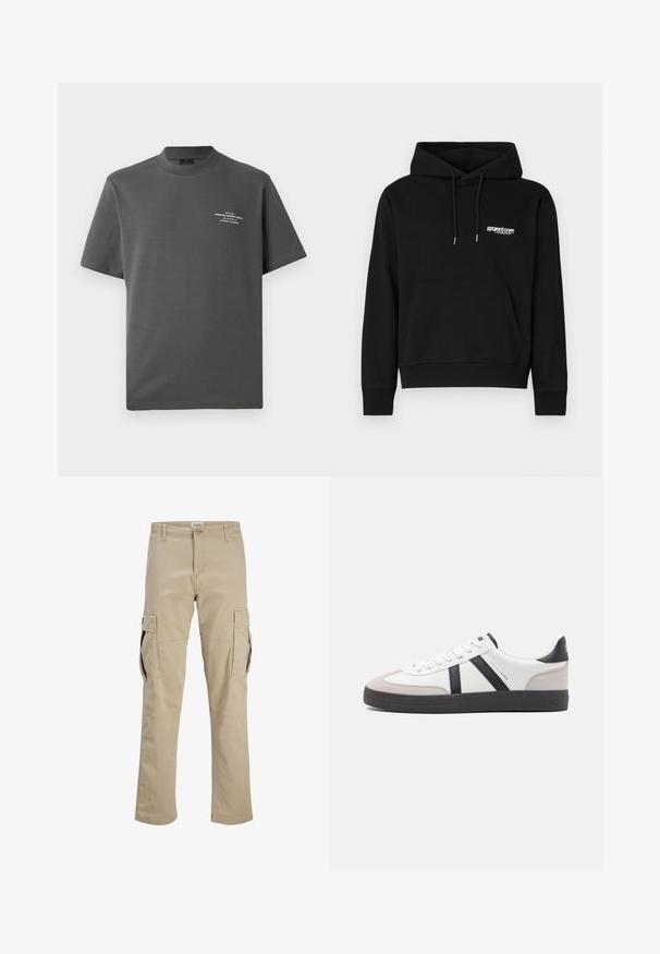 Schwarzer Baumwoll-Hoodie mit einer vorderen Kängurutasche, Kapuze mit Kordelzug und einem kleinen weißen Logo auf der Brust. Rippstrickbündchen und Saum.; Jack & Jones PREMIUM Printed - T-Shirt print - volcanic ash; Beige Cargohose mit Knopfverschluss, Gürtelschlaufen und großen Klappentaschen an beiden Oberschenkeln, flach auf weißem Hintergrund dargestellt.; Weiße Sneaker mit schwarz- und grau-aczenten, ausgestattet mit einer strukturierten grauen Zehenkappe, schwarzer Gummi-Sohle und flachen weißen Schnürsenkeln. Sauberes Design, minimalistische Stil.