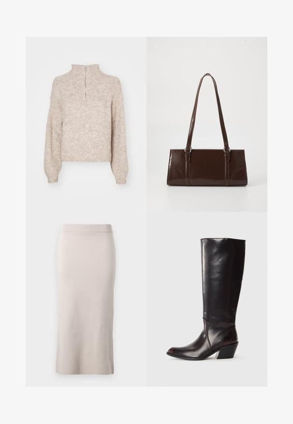 Beige strikket sweater med høj hals og halvmund. Har lange, let puffede ærmer og ribkant. Tekstureret, blødt materiale.; Strikket blyantskørt i en lys beige farve, med en ribbet talje, slim fit og slidser i siden for bedre bevægelighed. Blød tekstur, minimalistisk design.; Knæhøj, mørkebrun læderstøvle med spids tå, vinkelret blokhæl og en glat, blank overflade. Har et enkelt design og syningsdetaljer.; Brun lakeret håndtaske med rektangulær form, to lange håndtag og subtile buede detaljer på fronten.