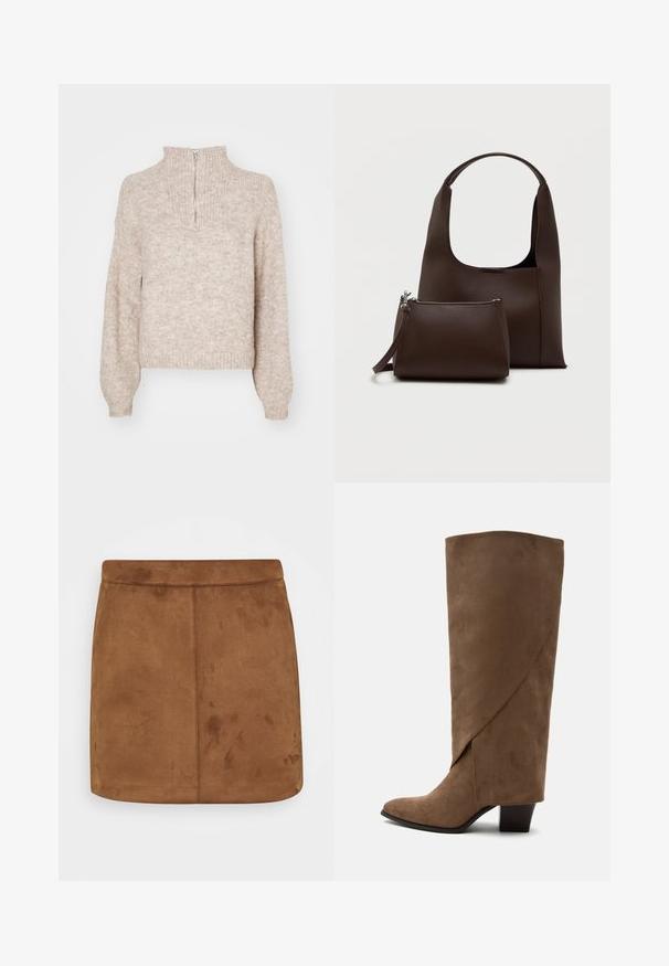 Beige strikket sweater med høj hals og halvmund. Har lange, let puffede ærmer og ribkant. Tekstureret, blødt materiale.; Brun ruskinds mini-skirt med en glat tekstur, lige snit og en sømløs talje, der har et minimalistisk design uden mønstre eller udsmykninger.; Brun ruskind knehøj støvle med en foldet detalje og en mellemhøj blokhæl, vist fra siden på en hvid baggrund.; Brun syntetisk håndtaske med et buet håndtag og en glat tekstur. Inkluderer et matchende lille toilettaske med lynlås. Minimalistisk design.