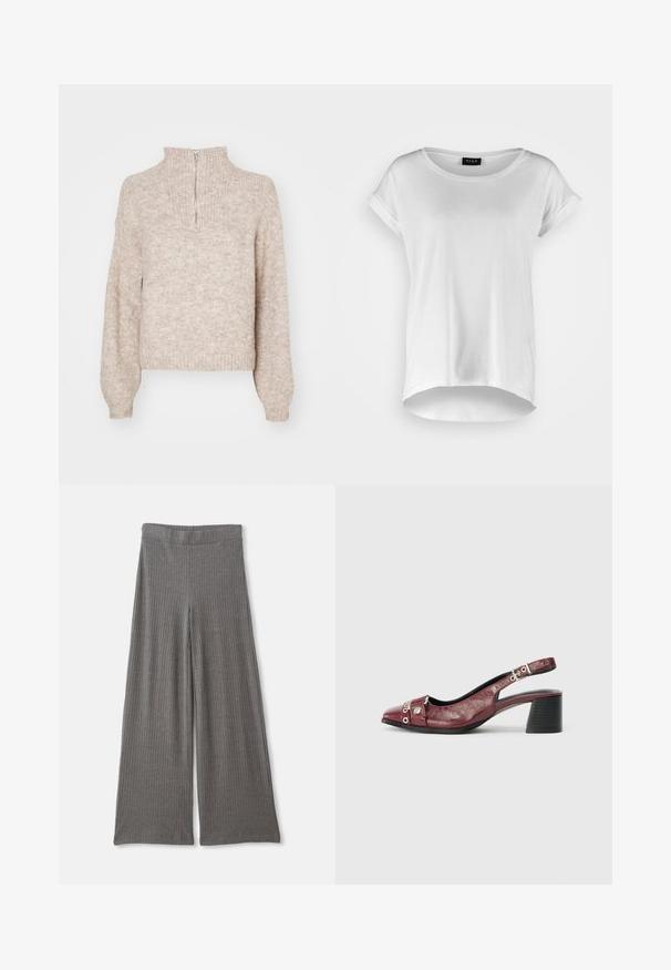 Beige strikket sweater med høj hals og halvmund. Har lange, let puffede ærmer og ribkant. Tekstureret, blødt materiale.; Hvid kortærmet T-shirt med rund halsudskæring, lidt længere bagkant, blødt bomuldsstof og oprullede ærmer. Ingen synlige tryk.; Grå, ribbede bukser med bred benfacon og høj, elastisk talje. Stoffet virker blødt og tekstureret, hvilket giver en afslappet pasform hele vejen ned.; Bordeauxfarvet læderslippersko med rund tå, buet design, sølvhardwaredetaljer og blokhæl. Tekstureret finish.