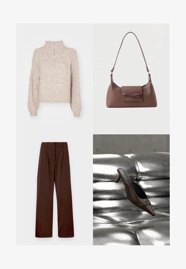 Beige gebreid sweater met een hoge hals en een halve rits. Heeft lange, licht poffende mouwen en een ribbelrand. Textuur, zacht materiaal.; Wijde broek in een rijke bruine kleur, gemaakt van een zachte stof met een vlakke voorkant, twee plooien en riemlussen bij de taille.; Bruine mule met hoge hak en puntige neus, voorzien van gespsdetail, zwevend boven een glanzend zilveren, getufte leren oppervlak.; Bruine leren schoudertas met een voorvak met klep en een gestikte strikdetail en een verstelbare band.