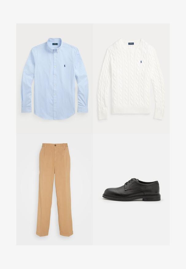 Valge kaabelmustriga puuvillane kampsun, ümara kaelusega, pikkade varrukatega, soonikutega mansettide ja äärega ning väike sinine Polo Ralph Laureni logo rinnal.; Hele helesinise triibuline nööbiga särk, pikkade varrukatega, valged nööbid, klassikaline krae, vasakul rindkere kohal väike tumesinine logo. Puuvillane kangas.; Beesidised laiad püksid, mis on valmistatud pehmest kangast, millel on kaks eesmist taskut, nööbilukuga kinnitamine ja voldid jalgadel.; Emporio Armani LACED SHOE - Paeltega jalanõud - nero