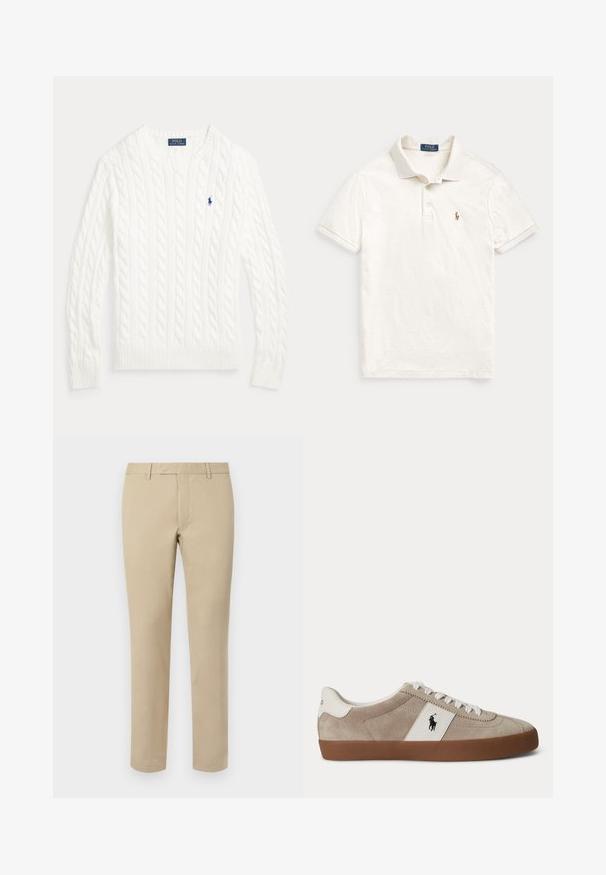 Biely bavlnený sveter s vrkočovým vzorom, okrúhly výstrih, dlhé rukávy, rebrované manžety a lem, a malá modrá logo Polo Ralph Lauren na hrudi.; Biele polo tričko s krátkym rukávom, golierom, dvoma gombíkmi a malým vyšívaným logom Polo Ralph Lauren na ľavej strane hrudníka.; Béžové bavlnené nohavice so rovnými nohavicami, ktoré majú pútka na opasok, plochý predný diel a upravené lemy. Hladká textúra a minimálne detaily.; Béžová semišová nízka teniska s bielymi šnúrkami, bielym koženým prvkom s čiernym logom koňa a hnedou gumovou podrážkou.