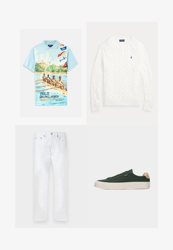 Valge kaabelmustriga puuvillane kampsun, ümara kaelusega, pikkade varrukatega, soonikutega mansettide ja äärega ning väike sinine Polo Ralph Laureni logo rinnal.; Hele sinine polo särk, millel on vintage-stiilis aerutamisvõistkonna trükk, värvilised signaalilippud ja tekst "Polo Ralph Lauren Regatta Race of Champions Sept 08-67."; Valged kitsad teksad, millel on viis taskut, nööbiga sulgur ja vööaasad, esitatud lamedalt valgel taustal.; Tume rohelised madala säärega tossud beežika kannatabaga, valge paksu tallaga, nööbitava eesosa ja väikese küljetikandiga heledal taustal.