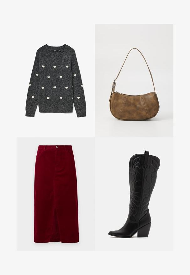 Grå sweater med rund halsudskæring og lange ærmer, prydet med et gentaget mønster af små hvide hjerter over det hele. Blødt tekstureret stof.; Bordeaux kordfløjl nederdel med lige pasform, frontslids, bæltestropper og to lommer, med en frontknaplukning.; Sorte knæhøje støvler i læder med spids snude og lagdelt hæl. Har dekorative syninger og buede designelementer.; Brun faux læder skuldertaske med en buet form, en enkelt strop, kontrasterende syninger og en lynlåslukning langs den øverste kant.