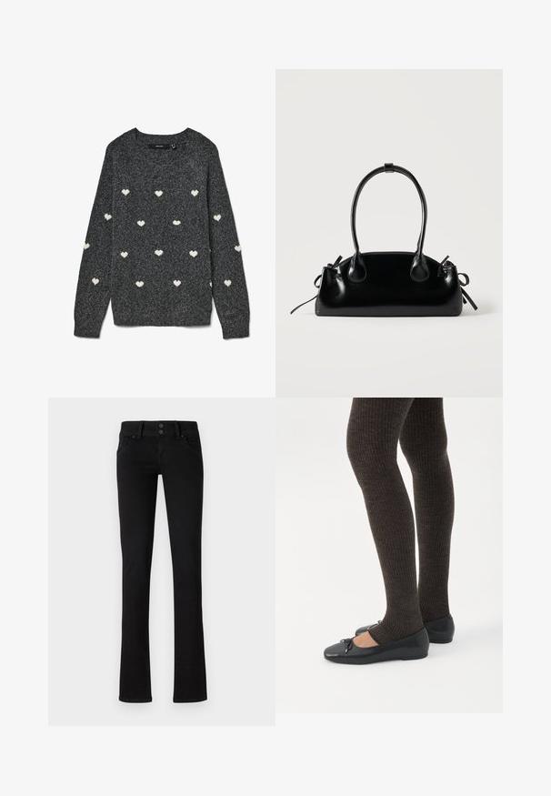 Pull gris à col rond et manches longues, avec un motif répété de petits cœurs blancs sur toute la surface. Tissu à la texture douce.; Jeans slim-fit noirs avec deux poches avant, passants de ceinture et fermeture à double bouton, présentés sur un fond blanc uni.; Jambes portant des leggings côtelés foncés associés à des ballerines noires avec de petits détails en nœud sur fond blanc.; Petit sac à main noir brillant avec deux longues anses et des détails à cordon sur les côtés sur un fond clair uni.