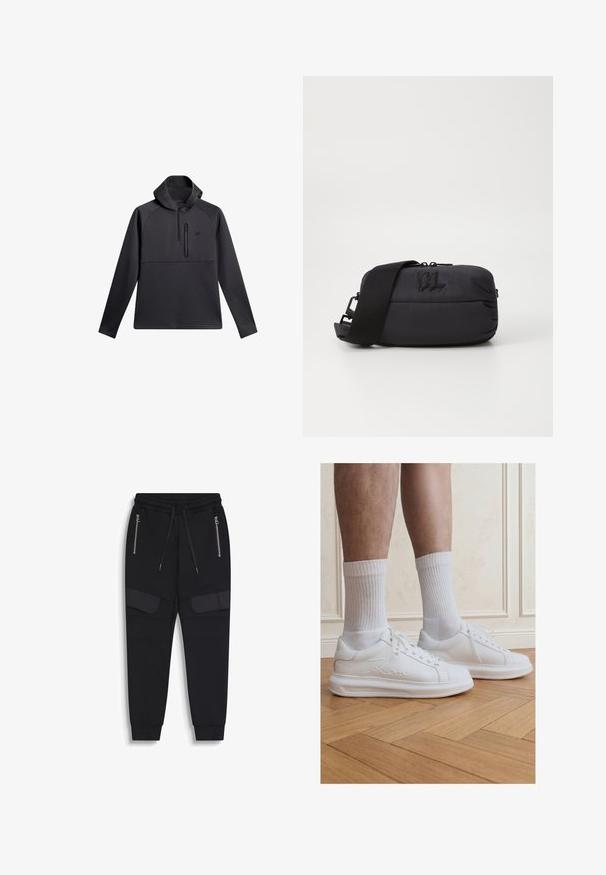 Sudadera negra con capucha, con cierre de un cuarto en la parte delantera, mangas raglán y bolsillo de pecho con cremallera; textura suave y diseño atlético.; Pantalones jogger negros con cintura elástica, cordones, bolsillos laterales con cremallera y detalle adicional de tela en los muslos, tobillos con puños.; Piernas con calcetines blancos acanalados y zapatillas blancas Karl Lagerfeld, de pie sobre un suelo de parquet de madera clara.; Bolsa cruzada de nylon negro con una textura suave, cierre de cremallera, correa ajustable y detalle de logo embossado en la parte frontal.