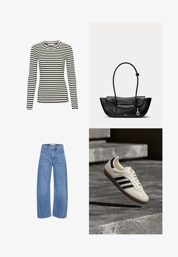 Zwart-witte gestreepte langekleding met een geribbelde textuur en een ronde halslijn. Heeft een klein logo op de onderkant van de voorkant.; Lichtblauwe denim wijde broek met hoge taille, voorzien van een knoop en ritssluiting, vijf zakken en subtiele vervagingsdetails.; Witte Adidas Samba sneaker met zwarte strepen en gumzool, zwevend boven gestructureerde grijze betonnen treden.; Zwarte leren schoudertas met gebogen flap, lange dunne band, zijvleugels, kleine zilveren sluiting en Polo Ralph Lauren-logo aan de voorkant.