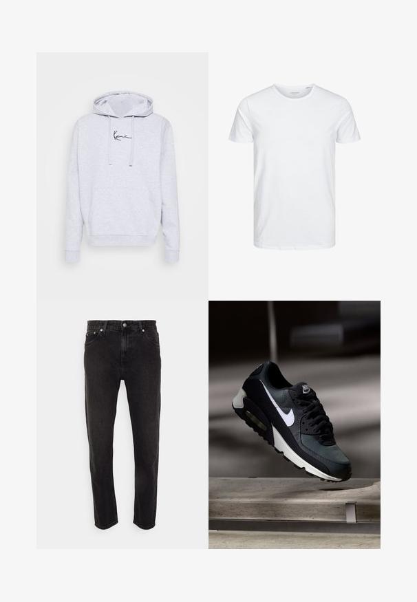 Hellgrauer Hoodie aus einer weichen Baumwollmischung, mit einer Kängurutasche und schwarzem Logostick auf der Brust. Verstellbare Kapuze mit Kordelzug.; Rundhals-T-Shirt mit kurzen Ärmeln in reinem Weiß, aus weicher Baumwolle, mit einem schlichten Design ohne sichtbare Muster oder Akzente.; Schwarze Denim-Jeans mit geradem Bein, mittlerer Bundhöhe, Gürtelschlaufen und Fünf-Taschen-Stil. Weicher Stoff mit minimalem Ausbleichen.; Schwarzer und grauer Nike Air Max Sneaker mit weißem Swoosh, schwebend über einer Betonfläche vor einem verschwommenen dunklen Hintergrund.