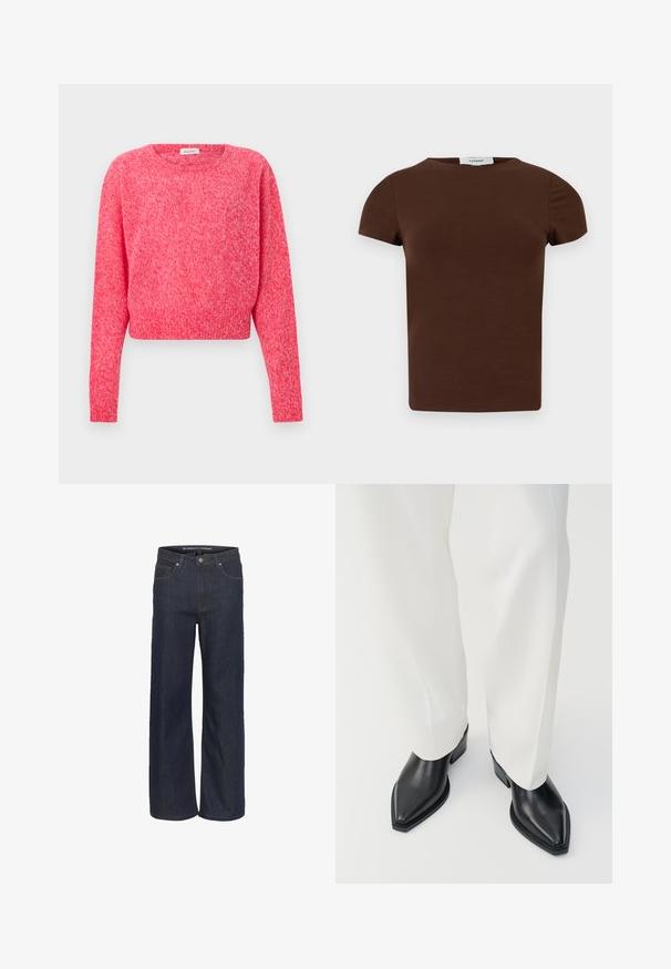 Langærmet, rundhalset, pink struktureret strikket sweater med en let kortere pasform på en ensartet hvid baggrund.; Brun T-shirt med korte ærmer, rund hals og ensfarvet design med et Topshop-mærke ved halsudskæringen.; Mørk denim brede bukser med høj talje, som har fem lommer, kontrastsyning og en rå kant nederst.; Sorte spidse ankelstøvler med en glat læderoverflade, lave blokhæle, og parret med hvide brede bukser. Enkel og moderne design.