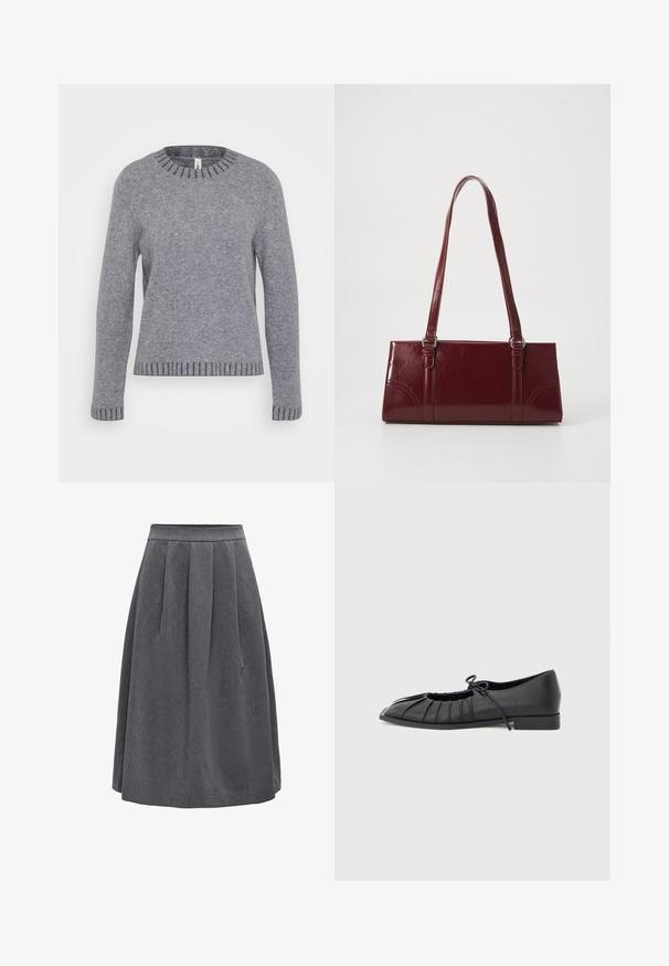ONLY Tall ONLFINA O NECK - Pullover - medium grey melange/dark grey melange; Jupe plissée gris foncé de longueur moyenne avec une taille ajustée, conçue pour un usage décontracté ou professionnel.; Chaussure plate noire avec design plissé à l'avant et un nœud noué sur le dessus, petit talon, et texture lisse sur un fond gris clair.; Sac à main bordeaux en matériau brillant, de forme rectangulaire, avec deux anses et des accents légèrement courbés à l'avant.