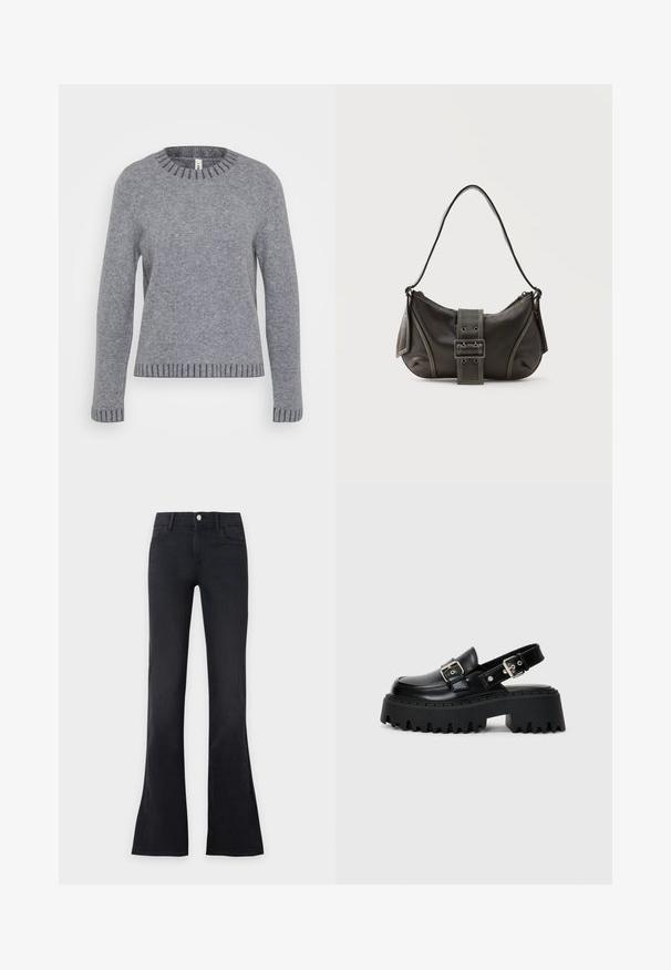 ONLY Tall ONLFINA O NECK - Striktrøje - medium grey melange/dark grey melange; Sorte højtaljede flare-jeans med knapper foran og lommer, vist mod en ensartet lys baggrund.; Sorte platform sandaler lavet af skinnende læder, med en spænde rem og en tekstureret tyk sål med udtalte riller.; Sort læder skuldertaske med spænde på remmen, afrundede kanter og kontrasterende hvide syninger på en ensfarvet baggrund.