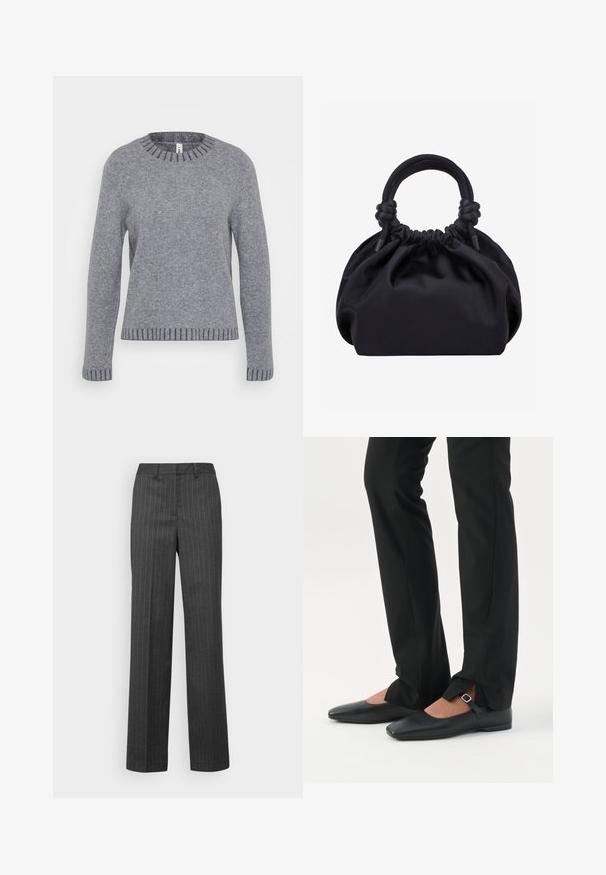 ONLY Tall ONLFINA O NECK - Svetrík - medium grey melange/dark grey melange; Sivé pruhované nohavice so strihom rovného nohavice. Vyrobené z hladkej tkaniny, s pásom a bez viditeľných vreciek.; Nohy v čiernych priliehavých nohaviciach s prednými rozparkami na leme, v kombinácii s čiernymi plochými topánkami Mary Jane s malým prackovým remienkom.; Čierna mäkká látková kabelka so zbieraným vrchom a okrúhlymi vyvložkovanými rukoväťami zviazanými uzlami na každej strane.