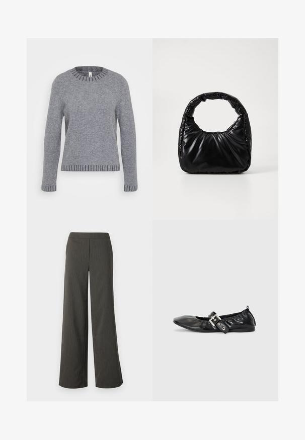 ONLY Tall ONLFINA O NECK - Striktrøje - medium grey melange/dark grey melange; Vidde-buks i mørkegrå med lodrette striber, der har en glat struktur og en elastisk talje for komfort.; Sorte læder flade sko med spids tå, samling detaljer omkring åbningen, og en sølv spænde accent på den justerbare rem.; Sort polstret håndtaske med et rundt håndtag, der har en glat, skinnende overflade og en blød, kviltet tekstur. Ingen synlige hardware eller accenter.