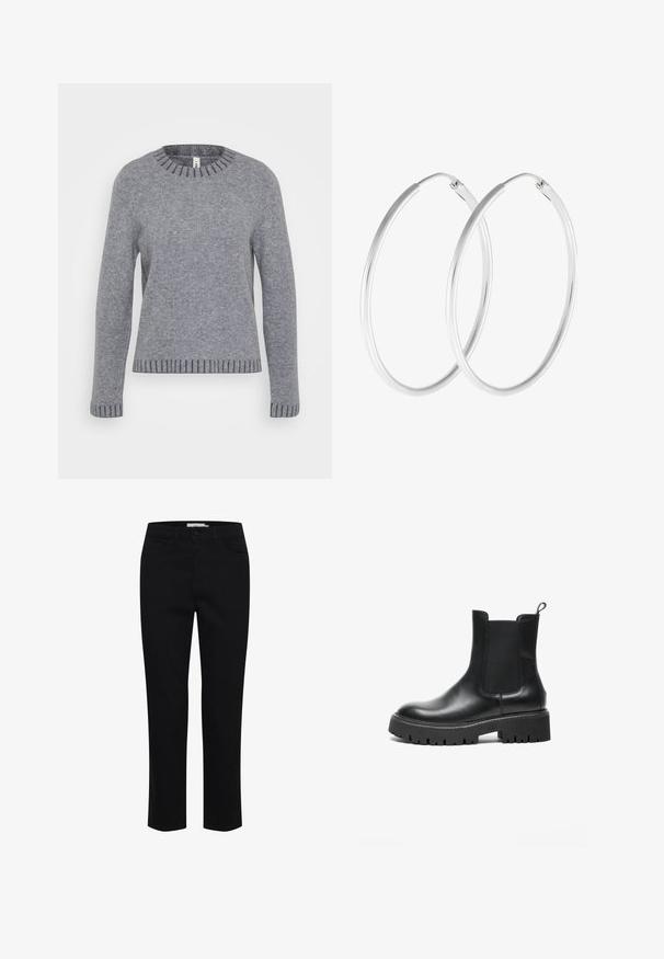 ONLY Tall ONLFINA O NECK - Strickpullover - medium grey melange/dark grey melange; Schwarze Baumwollhose mit geradem Schnitt. Verfügt über fünf Taschen und einen vorderen Knopfverschluss. Glatte Textur, minimale Nähdetails.; Schwarze Leder Chelsea-Stiefel mit elastischen Seiteneinsätzen, abgerundeter Schuhspitze, robuster Gummisohle und Zuglasche an der Ferse.; Silberfarbene Creolen mit einer glatten, runden Form und einer polierten Oberfläche. Beide Ohrringe haben die gleiche Größe und verfügen über einen sicheren Verschlussmechanismus.