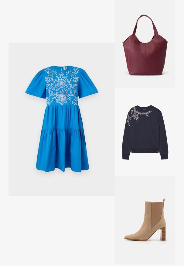 Marine sweatshirt i bomuldsblanding med et blomsterdesign af rhinsten på venstre skulder. Ribbet manchetter og kant med rund hals.; Blå bomulds kjole med korte puffærmer, en broderet overdels med blomster mønstre, en rund halsudskæring og en lagdelt skirt.; Beige ankelstøvle lavet af ruskind med elastiske sidepaneler, spidse tæer og en stribet blokhæl. Har en løftestrop bagpå.; Bordeaux læder tote taske med to robuste håndtag, der har en glat tekstur og en konisk design med sømdetaljer foran.