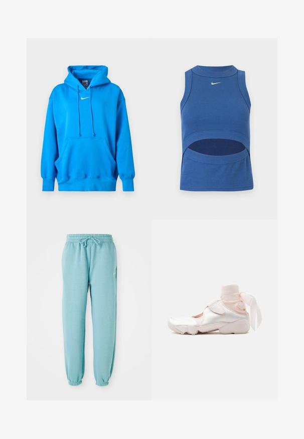 Erksinine Nike dressipluus eesmine kengurutasku, narmendiga kapuuts, soonilised varrukasääred ja valge Nike Swoosh logo rinnal.; Sinine varrukateta Nike lühike top kõrge kaelusega ja kõhu lõikega, soonikkoega, valge Swooshi logoga ees keskel.; Heledad sinised dressipüksid, mis on valmistatud pehmest kangast, millel on elastne vöökoht, nöörikujundus ja elastsed mansetid pahkluudel. Küljel väike logo.; Valge ja heleroosa toss pehme kangasest pahkluukinnitusega, mis on seotud paelaga, reguleeritava rihma ja ümarjalaga.
