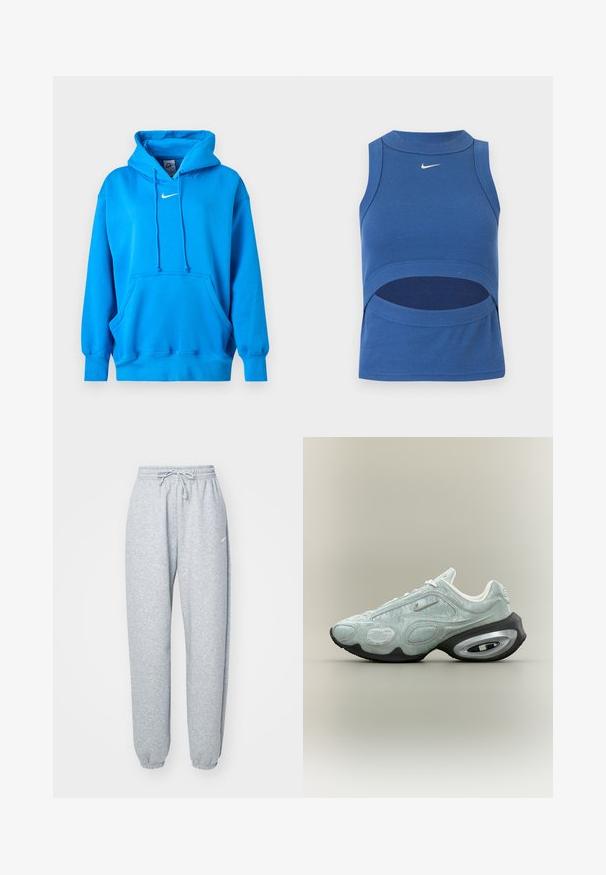 Erksinine Nike dressipluus eesmine kengurutasku, narmendiga kapuuts, soonilised varrukasääred ja valge Nike Swoosh logo rinnal.; Sinine varrukateta Nike lühike top kõrge kaelusega ja kõhu lõikega, soonikkoega, valge Swooshi logoga ees keskel.; Heledad hallhalli pehmete puuvillasegistusega, millel on elastne vöökoht ja nöör, kitsenevad sääred ja ribakudumisega mansetid. Minim blown kaubamärgi detail.; Helehall Nike tennised musta ja hõbedase õhupadjaga tallaga, tekstureeritud pealiskihiga ja külje peal väikese hõbedase Swooshi logoga.