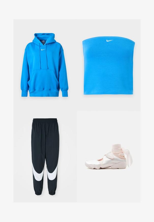 Svetlomodrá Nike mikina s kapucňou, predným klokaniec vreckom, sťahovacou šnúrkou, rebrovanými manžetami a bielym logom Nike Swoosh na hrudi.; Svetlomodrý bezramienkový tube top značky Nike s bielym logom Swoosh umiestneným v strede blízko horného okraja.; Čierne teplákové nohavice s bielymi zakrivenými panelmi, elastickým pásom a zhromaždenými manžetami, vyrobené z ľahkej látky a vo voľnom strihu.; Biele a bledo ružové tenisky s mäkkým látkovým obalom okolo členku zviazaným do mašle, disponujú nastaviteľným remienkom a zaoblenou podrážkou.