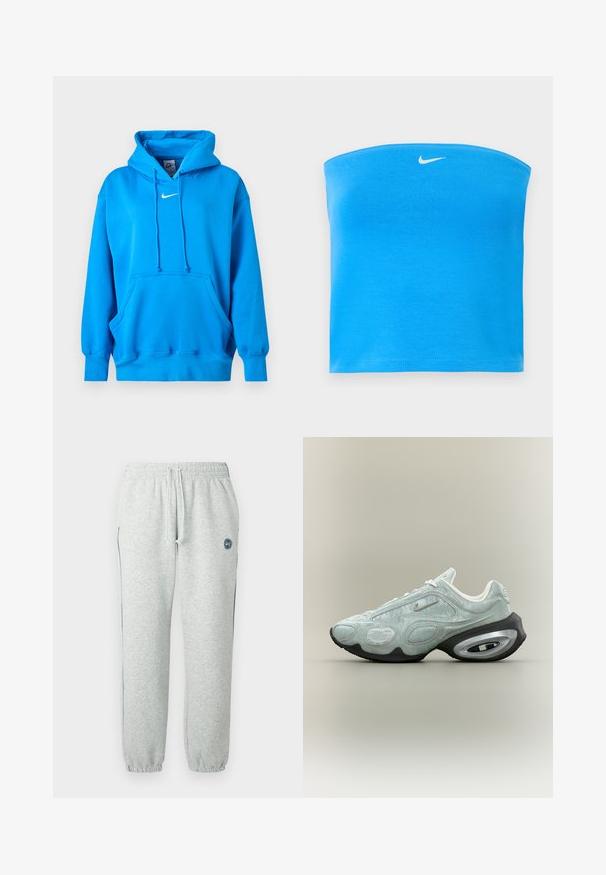 Φούτερ Nike σε έντονο μπλε χρώμα με μπροστινή τσέπη τύπου καγκουρό, κουκούλα με κορδόνι, ριμπ μανσέτες και λευκό λογότυπο Nike Swoosh στο στήθος.; Φωτεινό μπλε strapless tube top της Nike με λευκό λογότυπο Swoosh στο κέντρο κοντά στο πάνω άκρο.; Γκρι φόρμες από απαλό ύφασμα, με ελαστική μέση με κορδόνι, εφαρμοστά μανσέτες και λεπτομέρεια με λογότυπο στον μηρό.; Ανοιχτό γκρι sneaker Nike με μαύρη και ασημένια αεροθαλαμωτή σόλα, υφασμάτινο επάνω μέρος και μικρό ασημένιο λογότυπο Swoosh στο πλευρό.