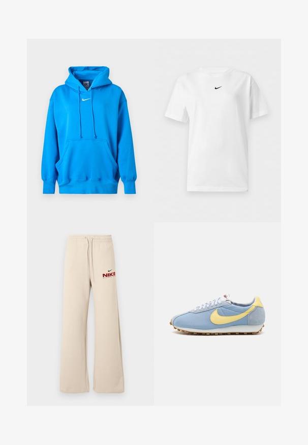 Sweat à capuche Nike bleu vif avec poche kangourou à l'avant, capuche avec cordon, poignets côtelés et logo Nike Swoosh blanc sur la poitrine.; T-shirt blanc manches courtes à col rond avec un petit logo noir Nike Swoosh centré près du col.; Pantalon de survêtement ample beige avec ceinture élastique et cordons de serrage, arborant le logo Nike Athletic Club rouge et noir sur la cuisse gauche.; Baskets en mesh bleu et en daim avec un swoosh Nike jaune, des lacets blancs et une semelle marron clair ; design athlétique classique.