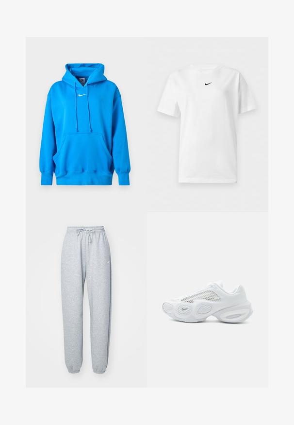 Felblauwe Nike hoodie met voorkangoeroezak, capuchon met trekkoord, geribde manchetten en een witte Nike Swoosh-logo op de borst.; Wit T-shirt met korte mouwen en een ronde hals, met een klein zwart Nike Swoosh-logo centraal vlakbij de kraag.; Lichtgrijze sweatpants gemaakt van een zachte katoenen mix, met een elastische tailleband met koord, taps toelopende benen en ribgebreide boorden. Minimale merkdetails.; Witte sportsneaker met meshpanelen, afgerond zoolontwerp en klein Nike-logo bij de teen op een effen lichte achtergrond.