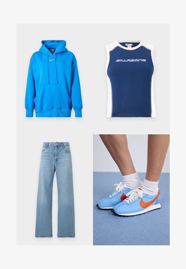 Svetlomodrá Nike mikina s kapucňou, predným klokaniec vreckom, sťahovacou šnúrkou, rebrovanými manžetami a bielym logom Nike Swoosh na hrudi.; Modrý atletický top bez rukávov s bielymi bočnými panelmi a golierom, s bielym logom "BILLABONG" na hrudi.; Svetlomodré rifle s vysokým pásom a rovnými nohavicami, so zapínaním vpredu na gombík a zips, predné a zadné vrecká a pútkami na opasok.; Modré sieťované a semišové tenisky s oranžovými akcentmi a bielymi šnúrkami. Čierna gumová podrážka. Nosené s bielymi ponožkami do polovice lýtok na modrom povrchu.