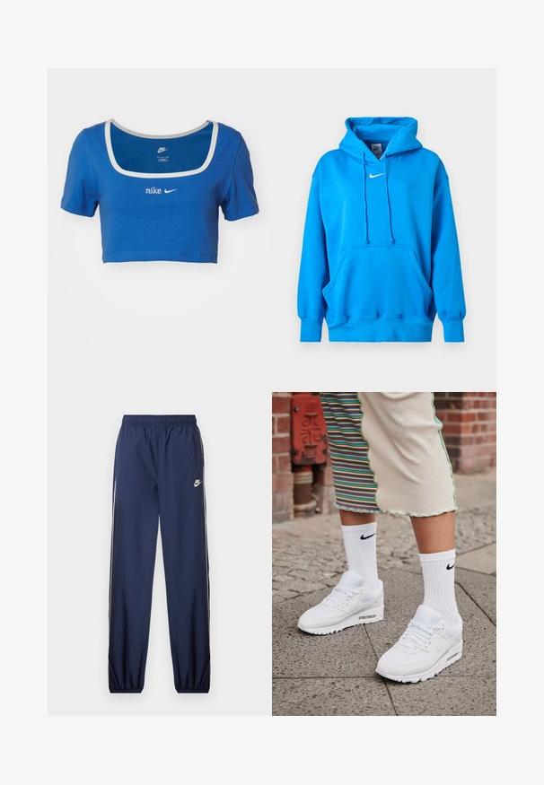 Erksinine Nike dressipluus eesmine kengurutasku, narmendiga kapuuts, soonilised varrukasääred ja valge Nike Swoosh logo rinnal.; Sinine lühikeste varrukatega lühike t-särk, mis on valmistatud pehmest puuvillast, ruudukujulise kaelusega ja valged logod rinnal ning krael.; Tumed sinise värvi Nike spordipüksid elastse vöökohtaga, valged külje triibud ja väike logo vasakul reiel. Tekstuuriga kangas, kitsenevad sääred.; Valged Nike Air Max 90 sneaksid, millel on silmade ja nahast pealispind, nähtava õhuüksusega, koos valgete soonikute sokkidega musta logoga.