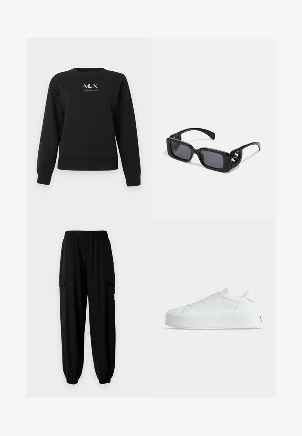 Sudadera de manga larga negra con cuello redondo de Armani Exchange, que presenta el logo "A C X" y un símbolo de luna creciente en el pecho.; Pantalones jogger negros hechos de tejido ligero, con cintura elástica, bolsillos laterales y puños elásticos en los tobillos.; Zapatilla blanca de tipo bajo con cuero texturizado, suela gruesa con plataforma y cierre de cordones, mostrada de perfil sobre un fondo liso.; Gafas de sol rectangulares negras con lentes oscuros, que presentan un hardware intrincado en las patillas y un acabado brillante y elegante.