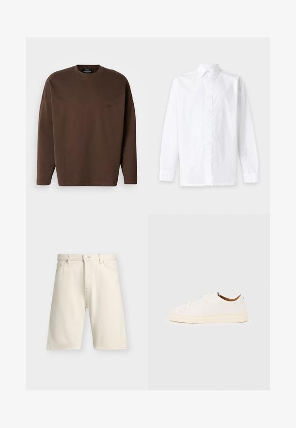 Sweatshirt marron à manches longues, avec un col en rib et un logo brodé discret sur la poitrine. Fabriqué à partir d'un tissu doux et texturé.; Chemise blanche à manches longues boutonnée avec un col classique, présentée sur un fond clair uni.; Short beige longueur genou avec bouton sur le devant, fermeture éclair, passants pour ceinture, deux poches avant et un design épuré et simple.; Baskets blanches basses avec un design à lacets, des détails de couture minimalistes, et une semelle couleur crème sur un fond gris clair.