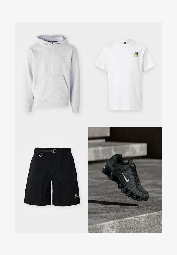 Sudadera con capucha gris hecha de una tela suave. Cuenta con un bolsillo canguro, puños acanalados y un logo sutil en el pecho. Diseño simple.; Camiseta blanca de manga corta con cuello redondo y pequeño logo de North Face 1990 en negro y dorado en la parte superior izquierda del pecho.; Bermudas de cargo negras con cinturilla elástica, cinturón integrado, grandes bolsillos laterales y logo ACG en triángulo en la pierna derecha.; Zapatilla deportiva Nike en verde oscuro, con un upper sintético suave, textura de malla, cordones negros y una suela brillante con amortiguación de aire.