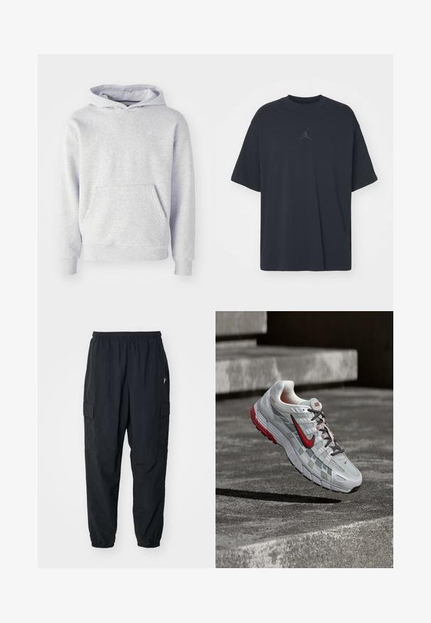 Sweatshirt à capuche gris en tissu doux. Présente une poche kangourou, des poignets côtelés et un logo discret sur la poitrine. Design simple.; T-shirt en coton noir avec une coupe ample, col rond, manches courtes, comportant un logo discret et le texte "AIR" au-dessus du logo au centre.; Pantalons cargo noirs en matériau léger, avec une taille élastique, des poches latérales et une coupe décontractée avec des poignets élastiques.; Chaussure de course Nike blanche et grise avec des accents rouges et des lacets noirs, suspendue au-dessus de marches en béton gris.