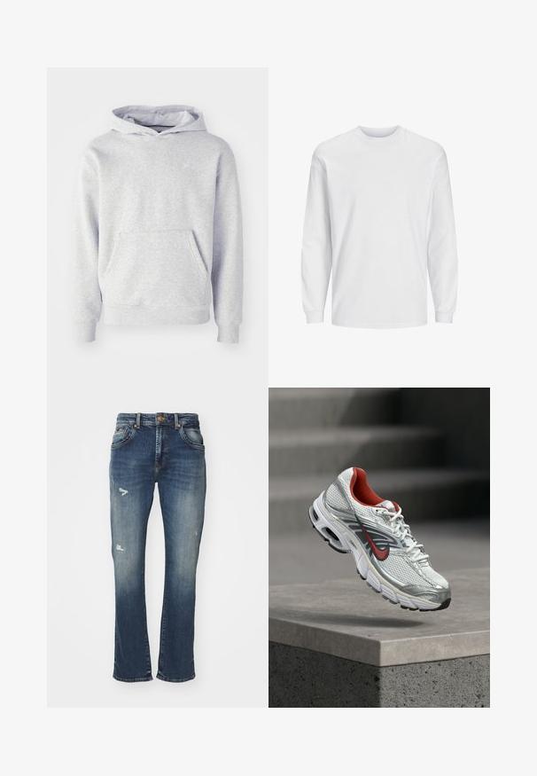 Grauer Kapuzenpullover aus weichem Material. Mit einer Kängurutasche, gerippten Bündchen und einem dezenten Logo auf der Brust. Schlichtes Design.; Weißes Langarm-T-Shirt aus Baumwolle. Verfügt über einen Rundhalsausschnitt und ein schlichtes Design ohne Muster oder Verzierungen. Weiche, glatte Textur.; Bootcut-Jeans aus dunkelblauem Denim mit einem verblassten Finish, mit Abnutzungen an der Vorderseite, Fünf-Taschen-Design und einem Bund mit Knopfverschluss.; Weißer und silberner Nike Laufschuh mit roten Akzenten, der über einer Betonbrüstung schwebt und seine Seiten- und Sohlen-Details zeigt.