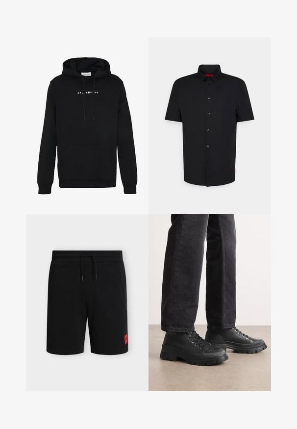 Schwarzer Hoodie aus weichem Material, mit Kängurutasche, Kapuze mit Kordelzug und weißem japanischem Schriftzug auf der Vorderseite. Einfaches Design.; Schwarzes kurzärmliges Hemd mit Knöpfen aus glattem Stoff, das einen klassischen Kragen und ein dezentes rotes Logo am Saum aufweist.; Schwarze knielange Shorts mit elastischem Bund und Kordelzug, mit einem kleinen roten rechteckigen Logo-Patch am unteren linken Bein.; Schwarze Schnürsneaker mit einer klobigen, strukturierten Sohle und glattem Obermaterial. Mit Metallösen und einem gerippten Akzent um die Zehenpartie.